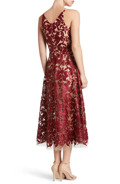 Sophisticated Graceful Stylish Refined Elegant Burgundy Sequins A-Line Sleeveless Tea-Length Prom Dress