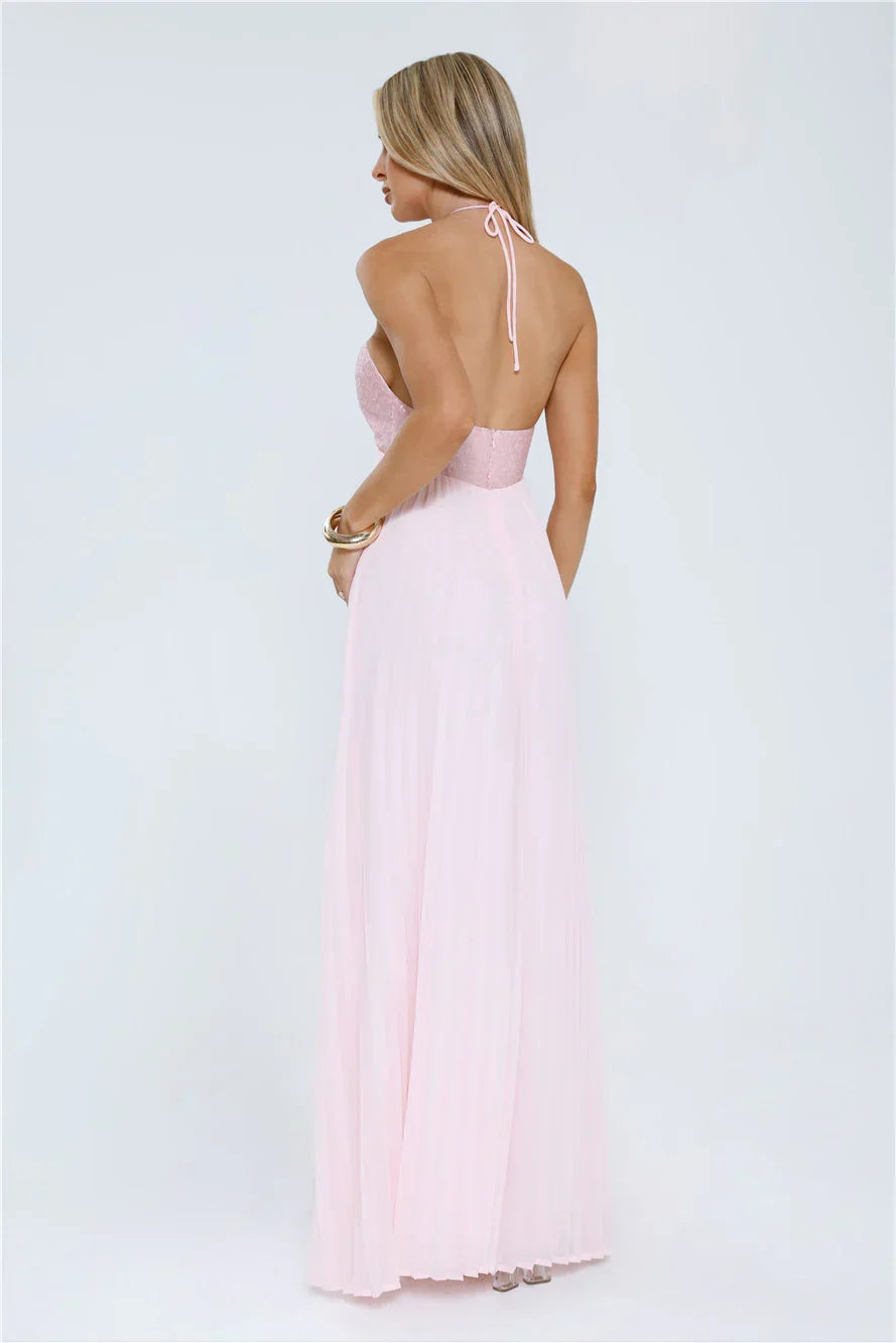 Pink Pretty A-line Halter Tie Open Back Maxi Porm Dress
