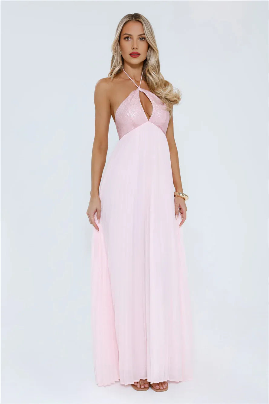 Pink Pretty A-line Halter Tie Open Back Maxi Porm Dress