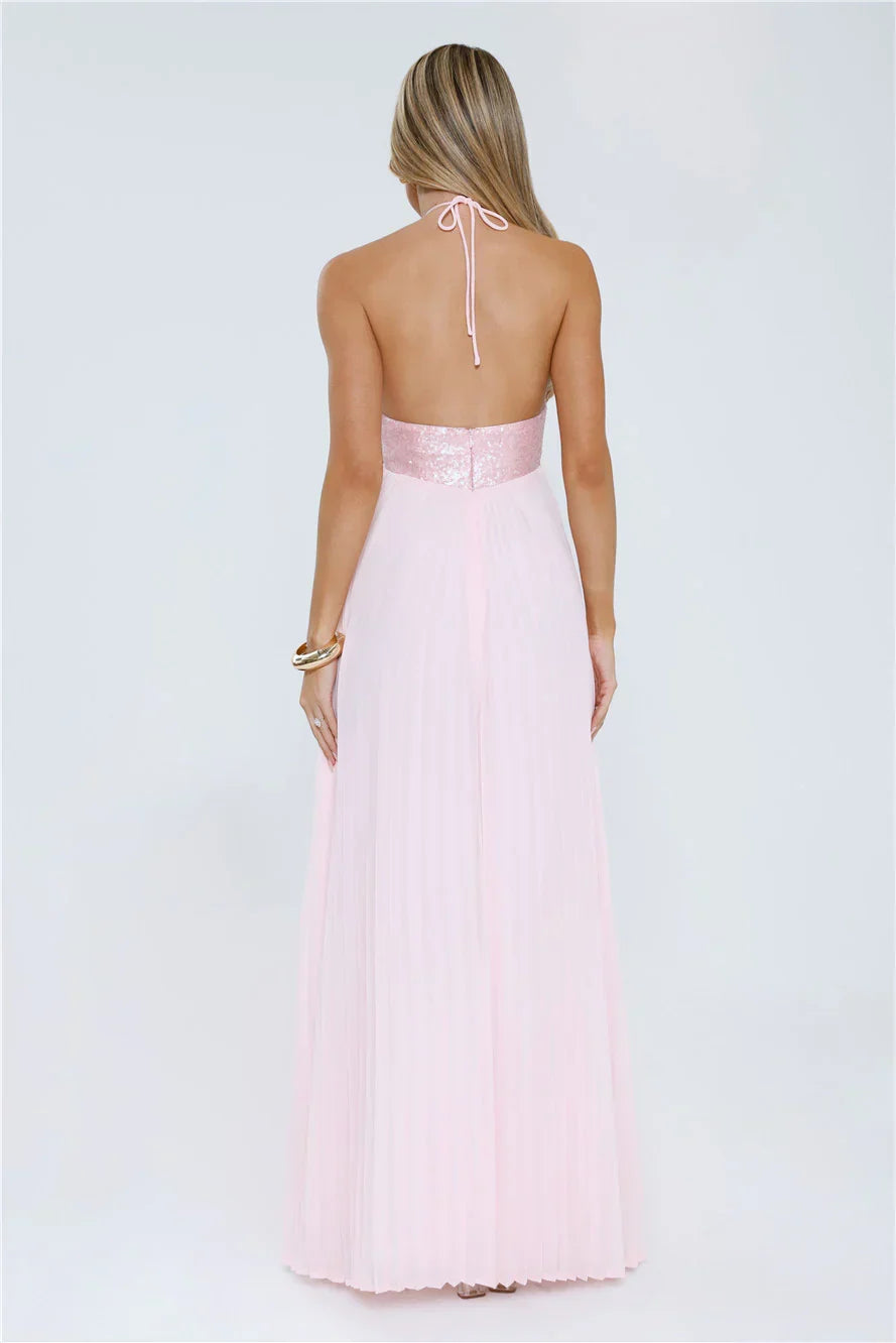Pink Pretty A-line Halter Tie Open Back Maxi Porm Dress