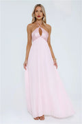 Pink Pretty A-line Halter Tie Open Back Maxi Porm Dress