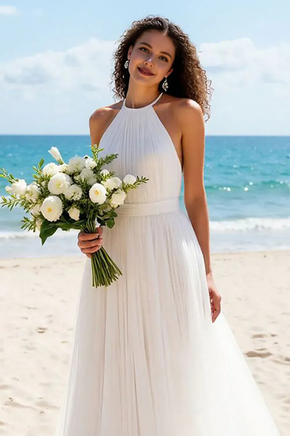 Graceful Stylish Refined Beautiful Timeless Elegant Ivory Tulle Halter Sleeveless Wedding Dress