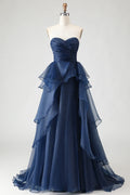 Refined Beautiful Timeless Elegant Navy Blue Organza Strapless Sleeveless Floor-Length Prom Dress