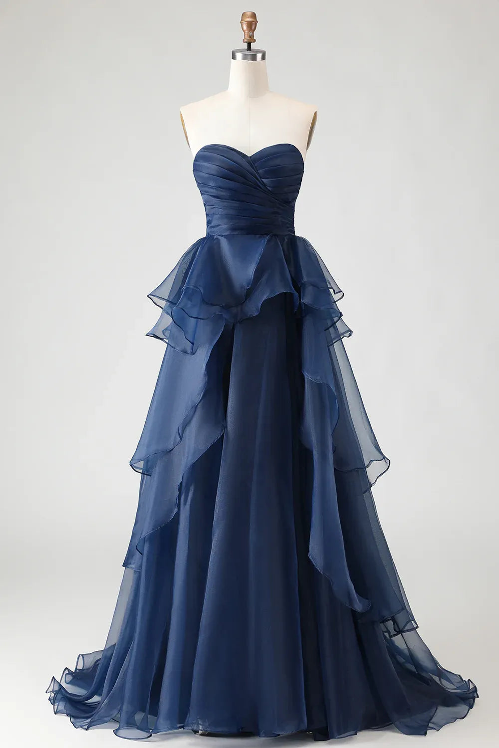 Refined Beautiful Timeless Elegant Navy Blue Organza Strapless Sleeveless Floor-Length Prom Dress