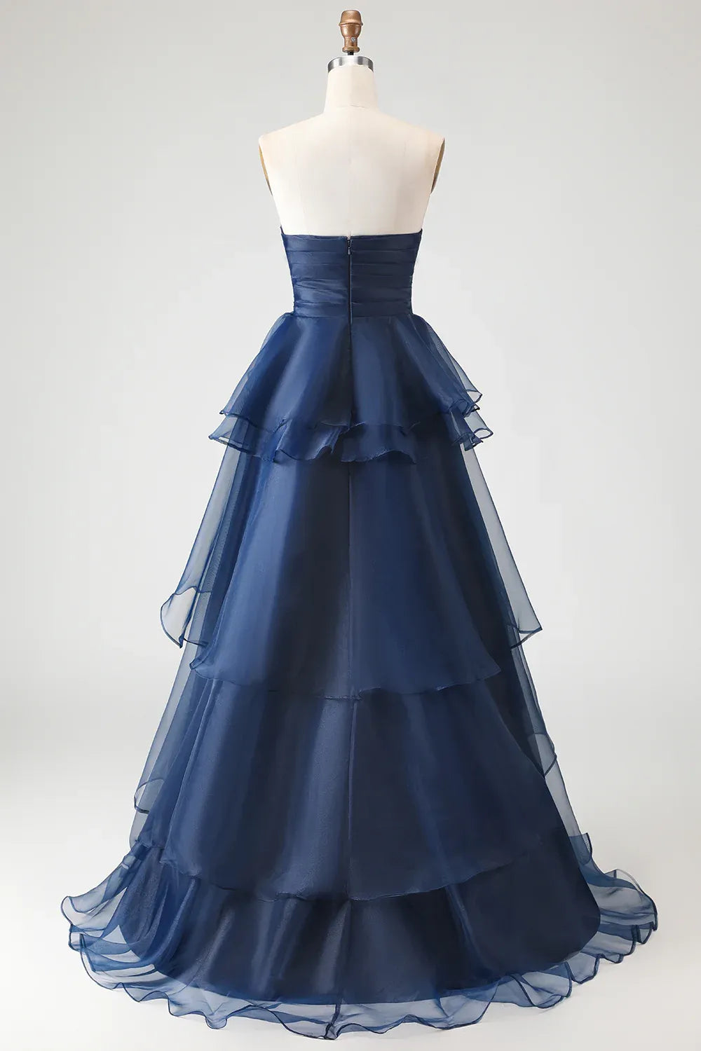 Refined Beautiful Timeless Elegant Navy Blue Organza Strapless Sleeveless Floor-Length Prom Dress