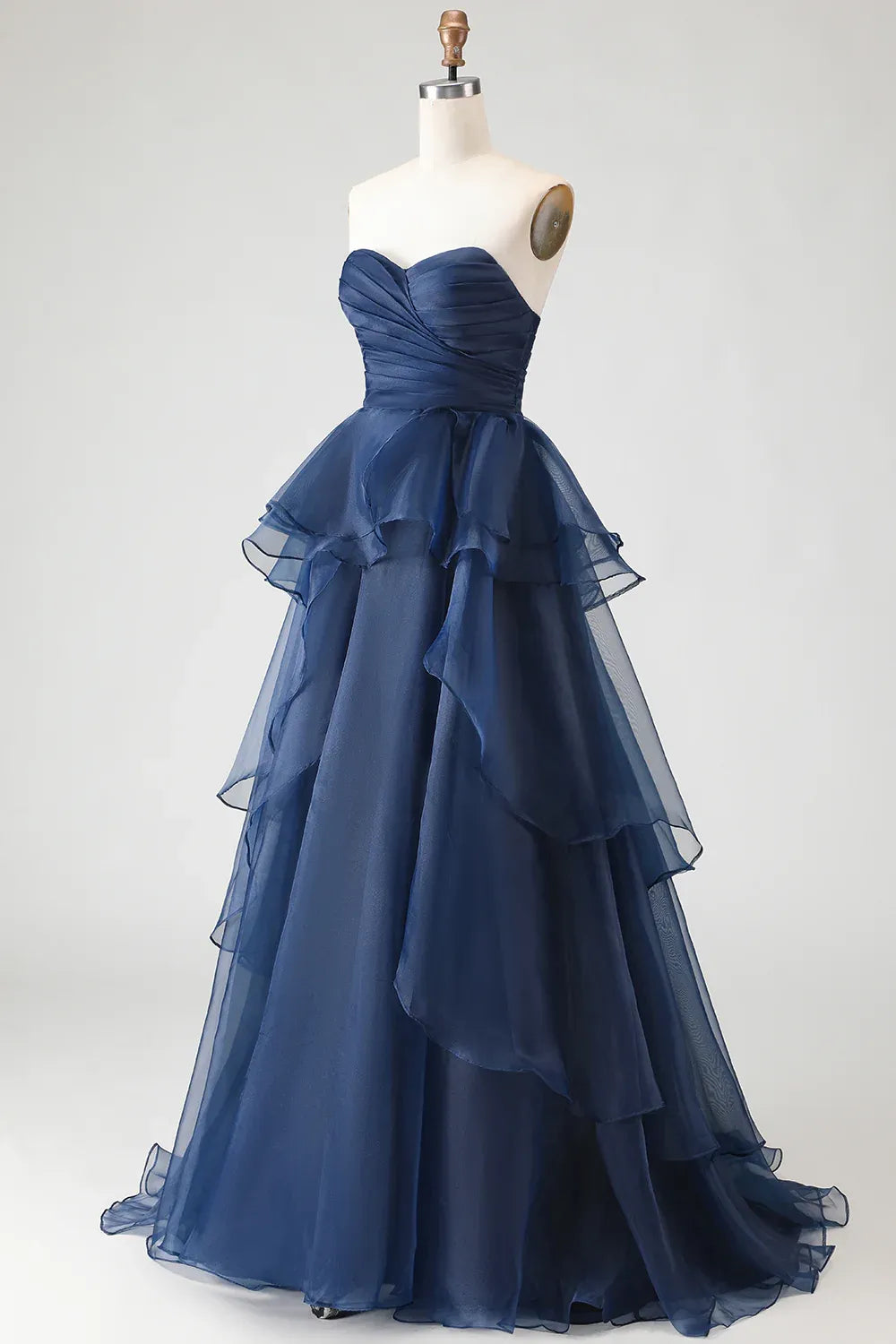 Refined Beautiful Timeless Elegant Navy Blue Organza Strapless Sleeveless Floor-Length Prom Dress