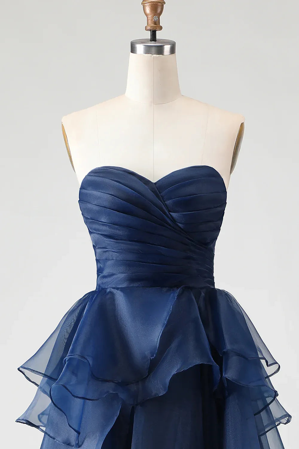 Refined Beautiful Timeless Elegant Navy Blue Organza Strapless Sleeveless Floor-Length Prom Dress
