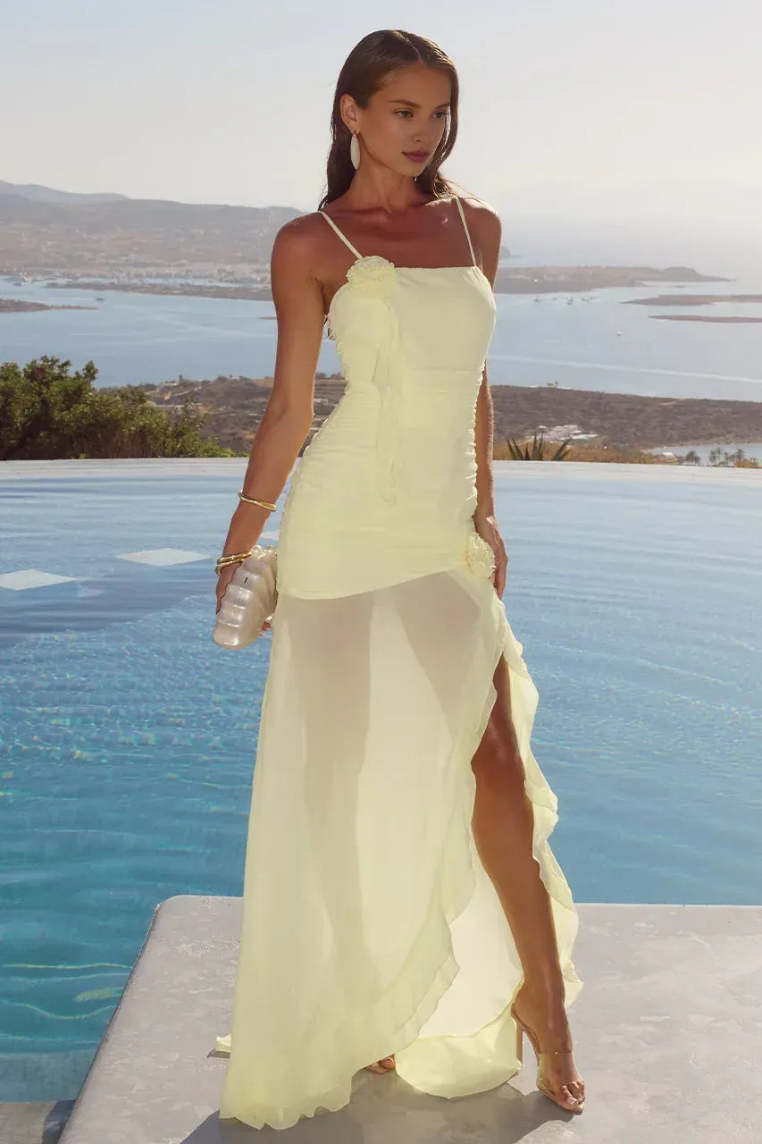 Timeless Special Occasion Sophisticated Elegant Yellow Chiffon Bodycon Sleeveless Floor-Length Prom Dress
