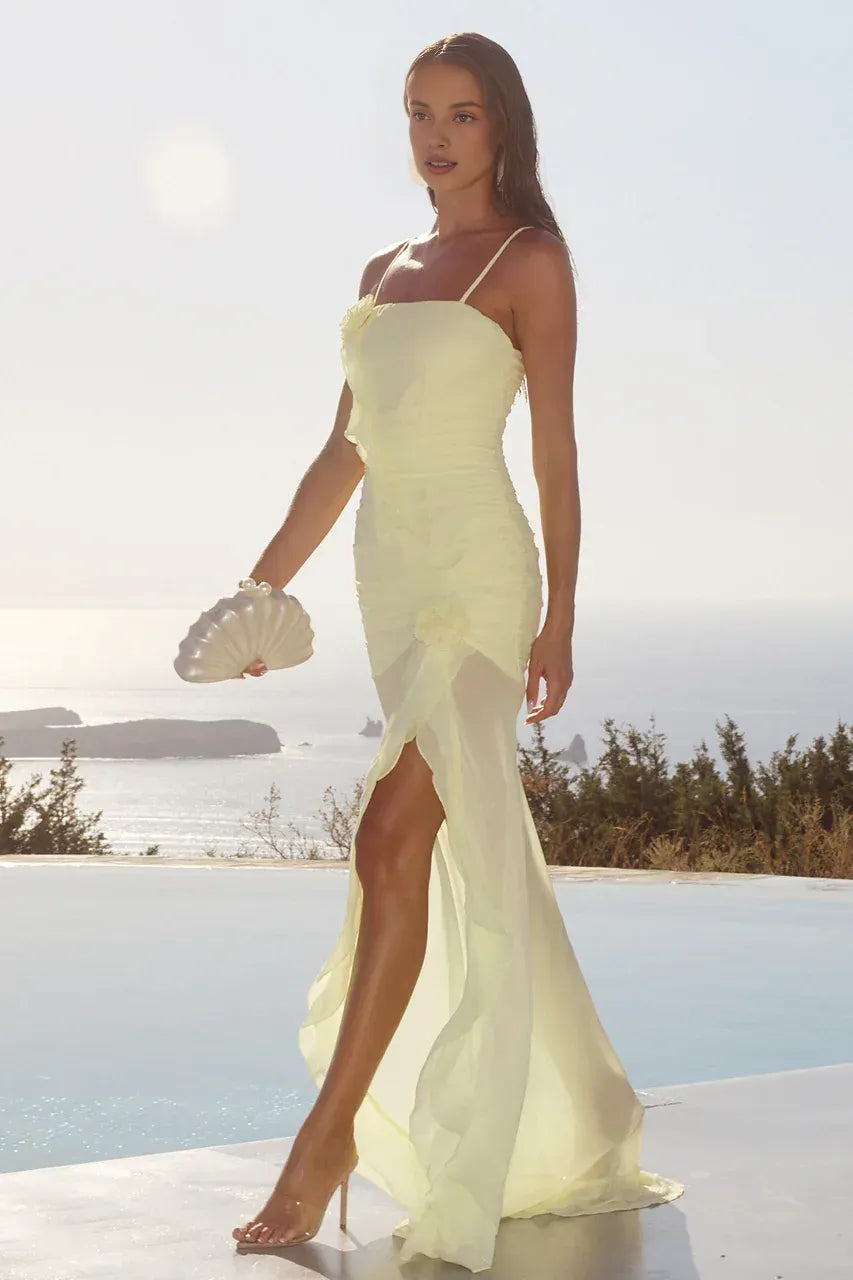 Timeless Special Occasion Sophisticated Elegant Yellow Chiffon Bodycon Sleeveless Floor-Length Prom Dress