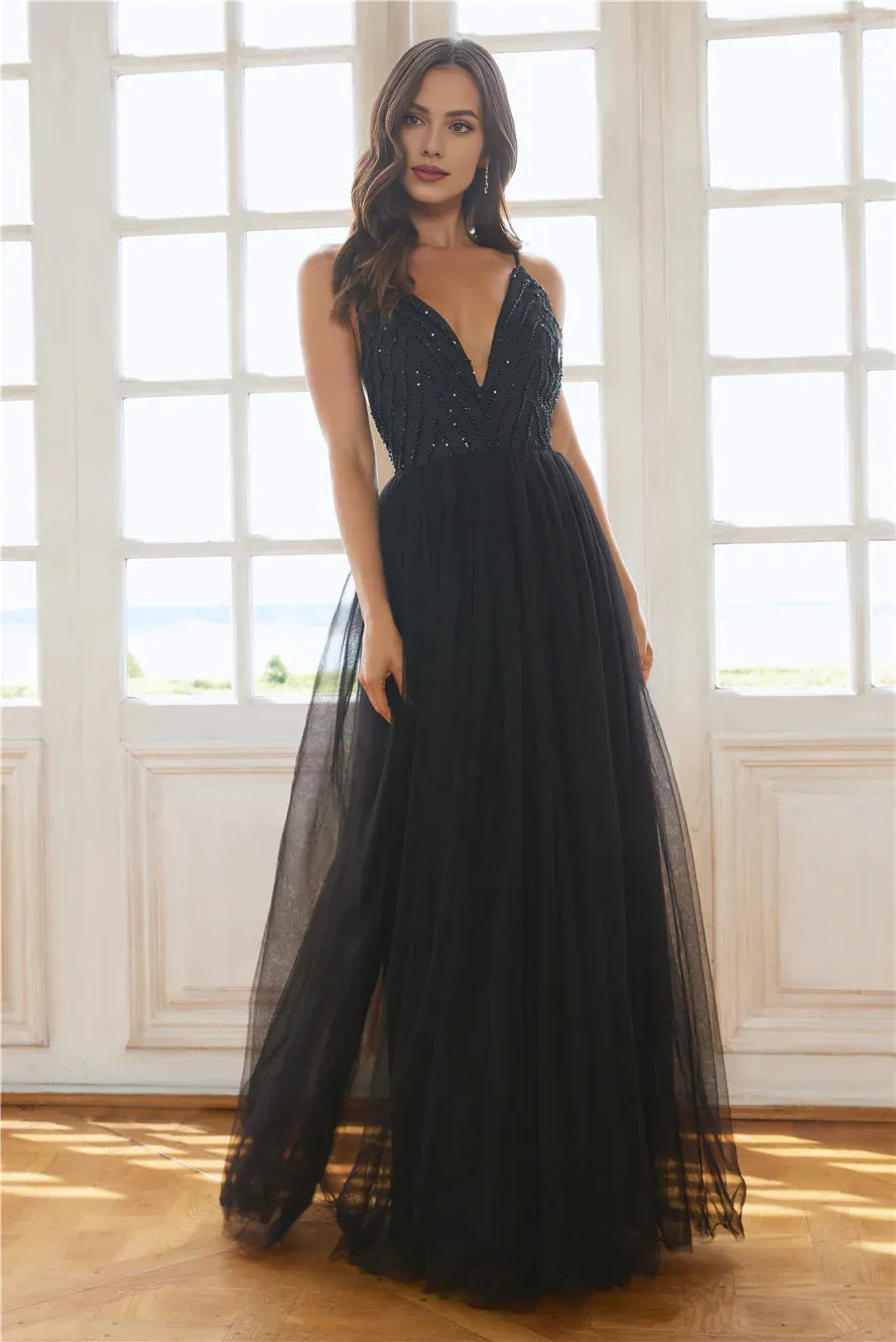 Black Pretty Charming A-line V-Neck Open Back Maxi Prom Dress With Beaded