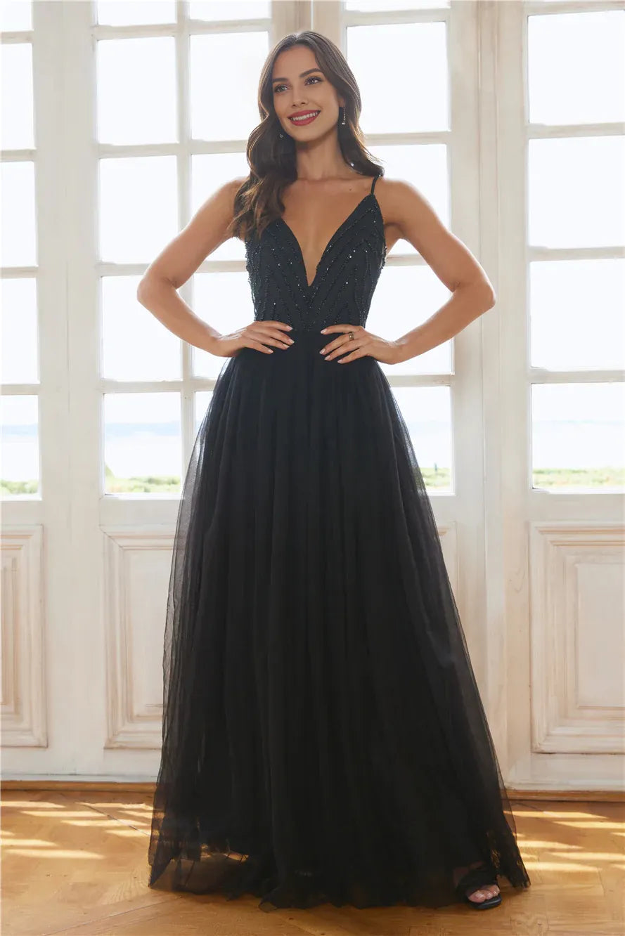 Black Pretty Charming A-line V-Neck Open Back Maxi Prom Dress With Beaded