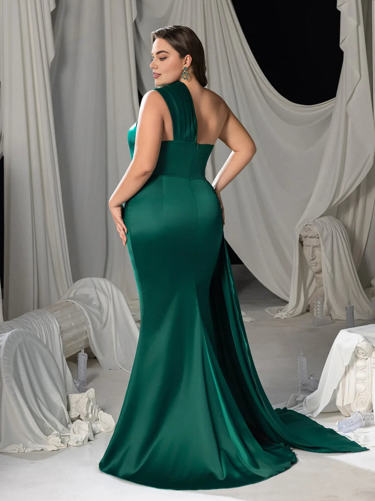 Refined Beautiful Elegant Emerald Green Satin Mermaid One-Shoulder Sleeveless Floor-Length Prom Dress