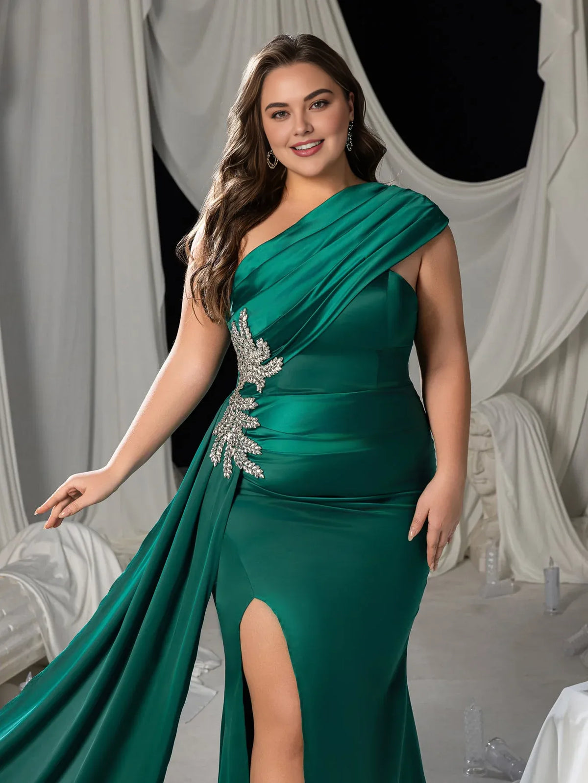 Refined Beautiful Elegant Emerald Green Satin Mermaid One-Shoulder Sleeveless Floor-Length Prom Dress