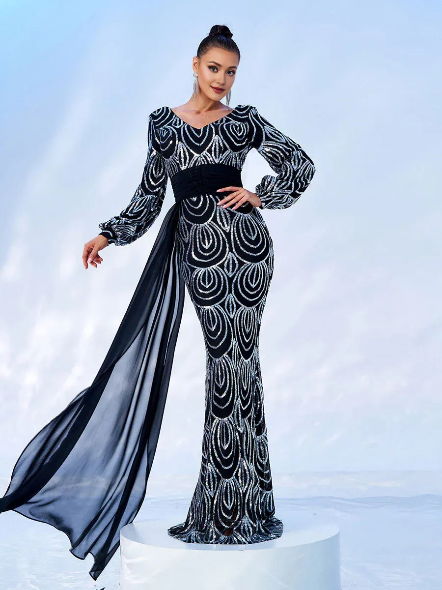 Timeless Special Occasion Elegant Silver Chiffon Mermaid Long Sleeve Long Prom Dress