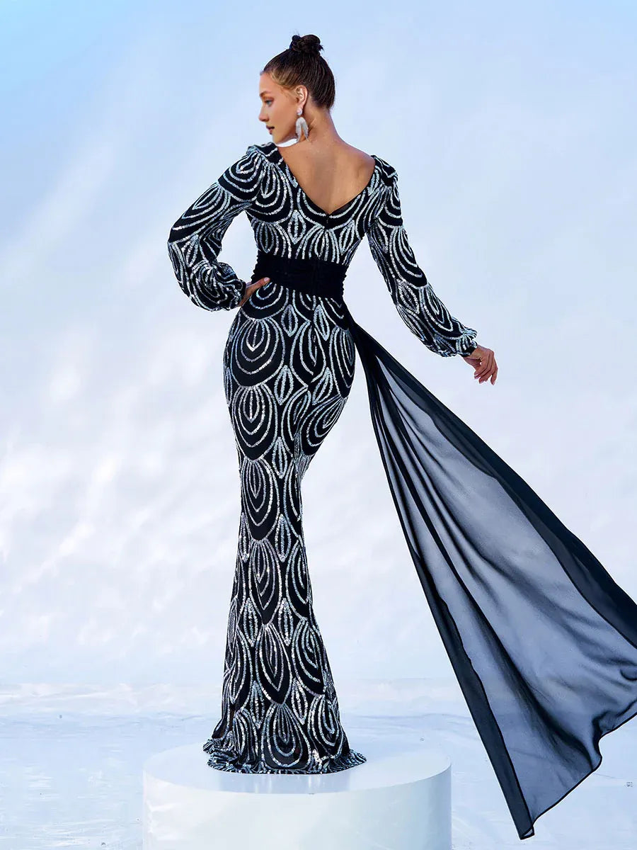 Timeless Special Occasion Elegant Silver Chiffon Mermaid Long Sleeve Long Prom Dress