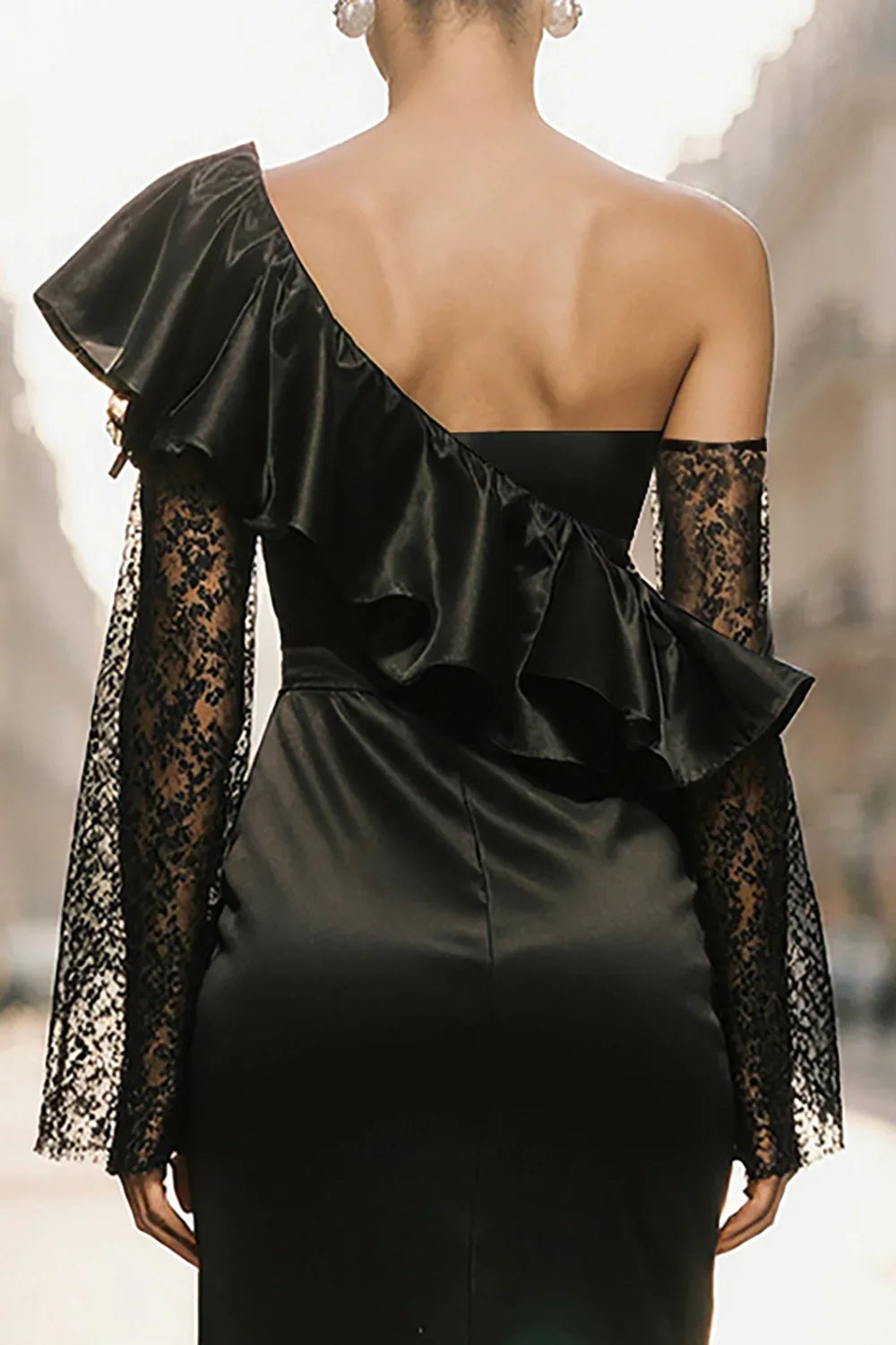 Stylish Refined Beautiful Elegant Black Satin Sheath Long Sleeve Long Prom Dress