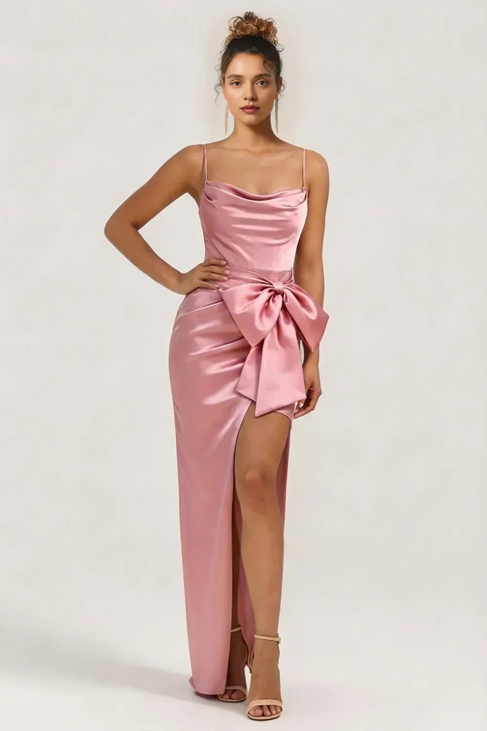 Sophisticated Graceful Elegant Blush Pink Satin Sheath Cowl Sleeveless Floor-Length Prom Dress