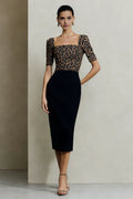 Refined Beautiful Elegant Black Sheath Square Neck Short Sleeve Tea-Length Prom Dress