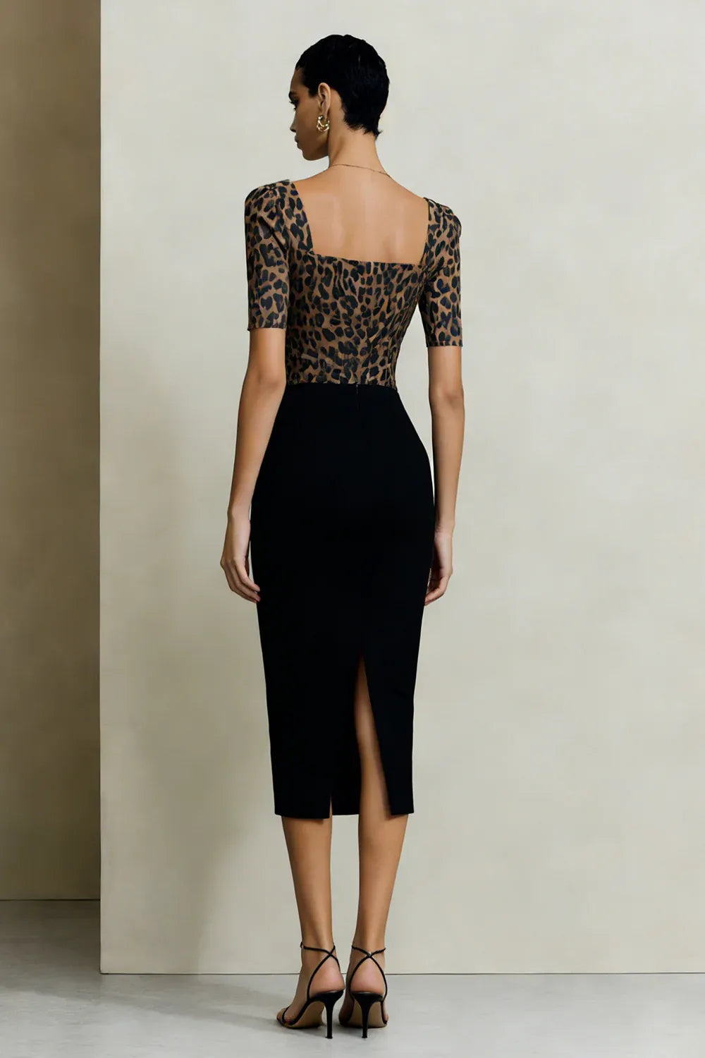 Refined Beautiful Elegant Black Sheath Square Neck Short Sleeve Tea-Length Prom Dress