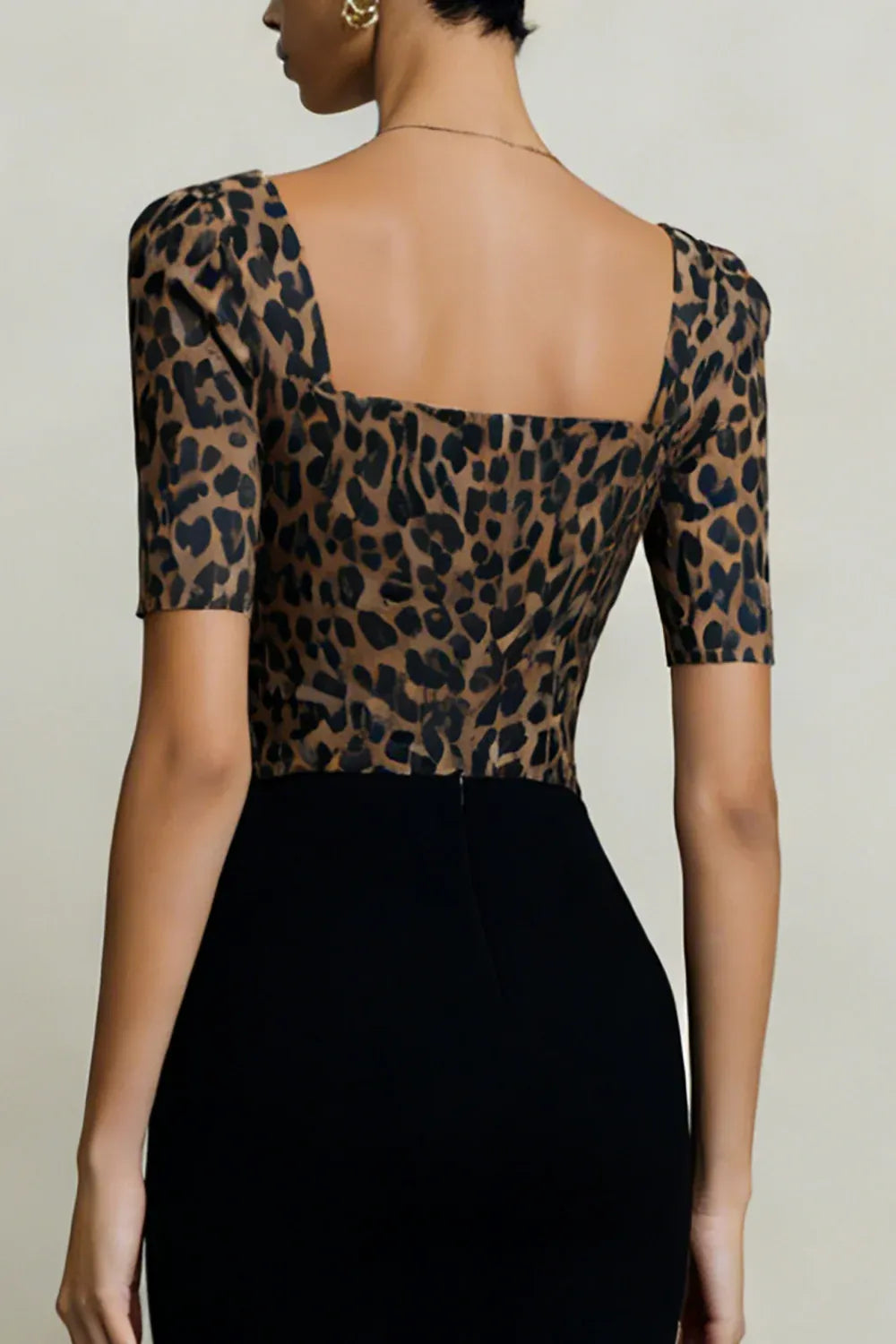 Refined Beautiful Elegant Black Sheath Square Neck Short Sleeve Tea-Length Prom Dress