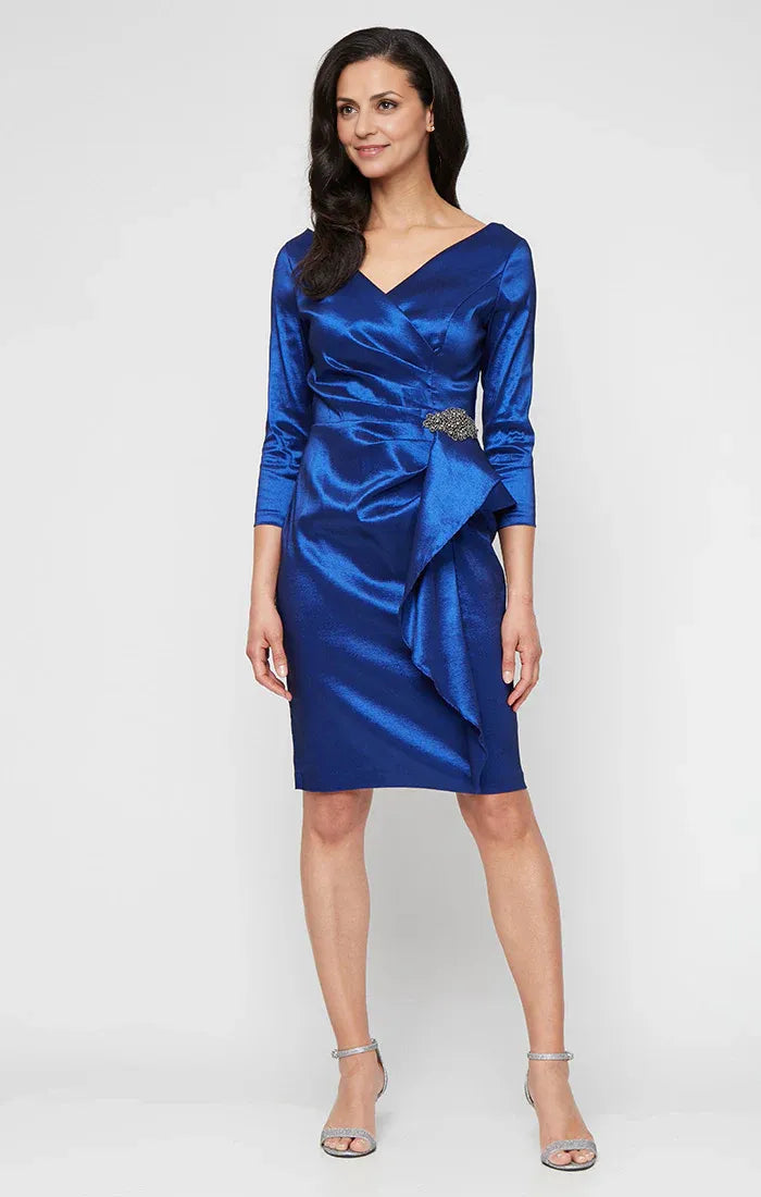 Elegant Royal Blue Satin Sheath Long Sleeve Knee-Length Mother of the Bride Dress