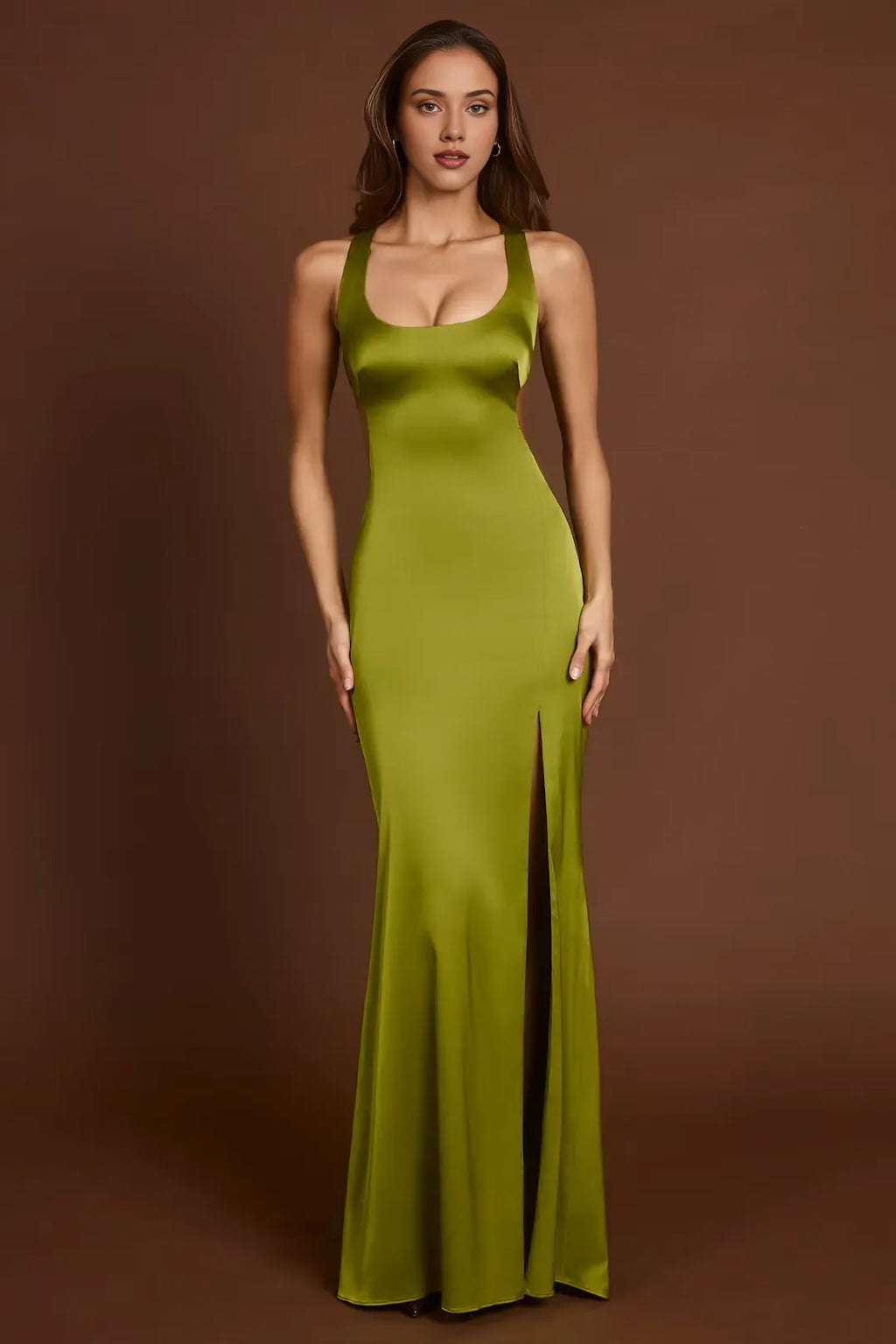 Special Occasion Sophisticated Elegant Olive Green Lace Scoop Neck Sleeveless Prom Dress