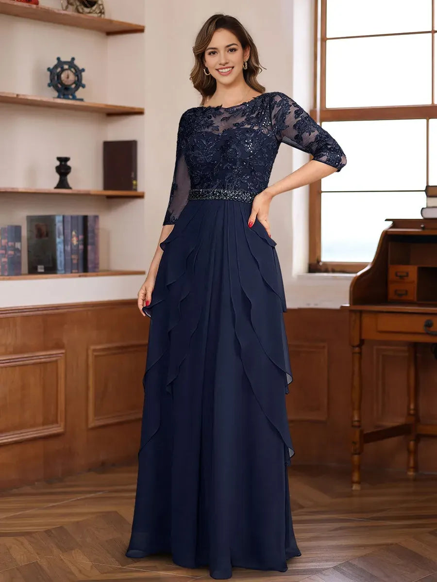 Princess 3/4 Sleeves Floor-Length Elegant Mother of the Bride Groom Dresses with Appliques Ruffles