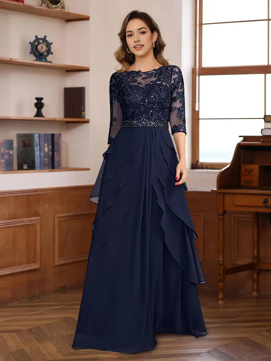 Princess 3/4 Sleeves Floor-Length Elegant Mother of the Bride Groom Dresses with Appliques Ruffles