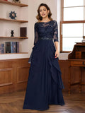 Princess 3/4 Sleeves Floor-Length Elegant Mother of the Bride Groom Dresses with Appliques Ruffles