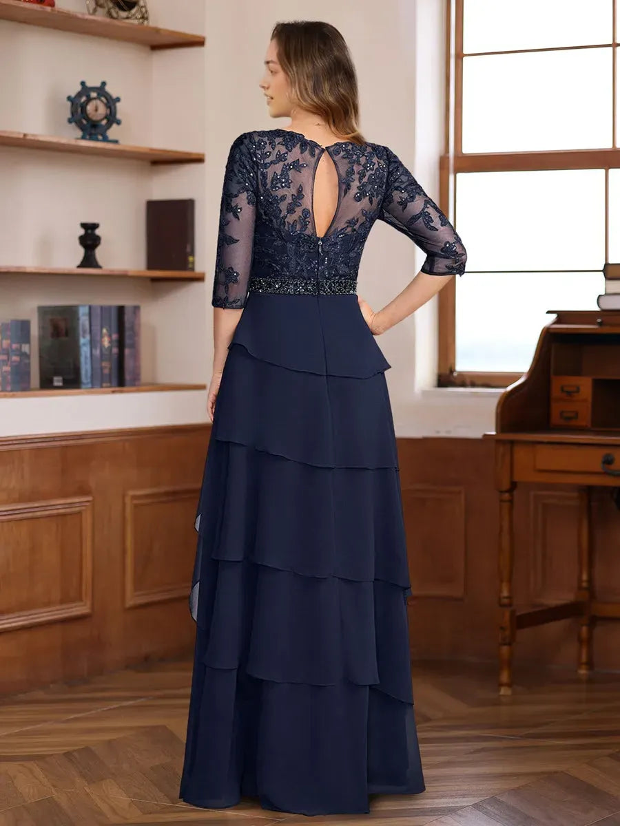 Princess 3/4 Sleeves Floor-Length Elegant Mother of the Bride Groom Dresses with Appliques Ruffles