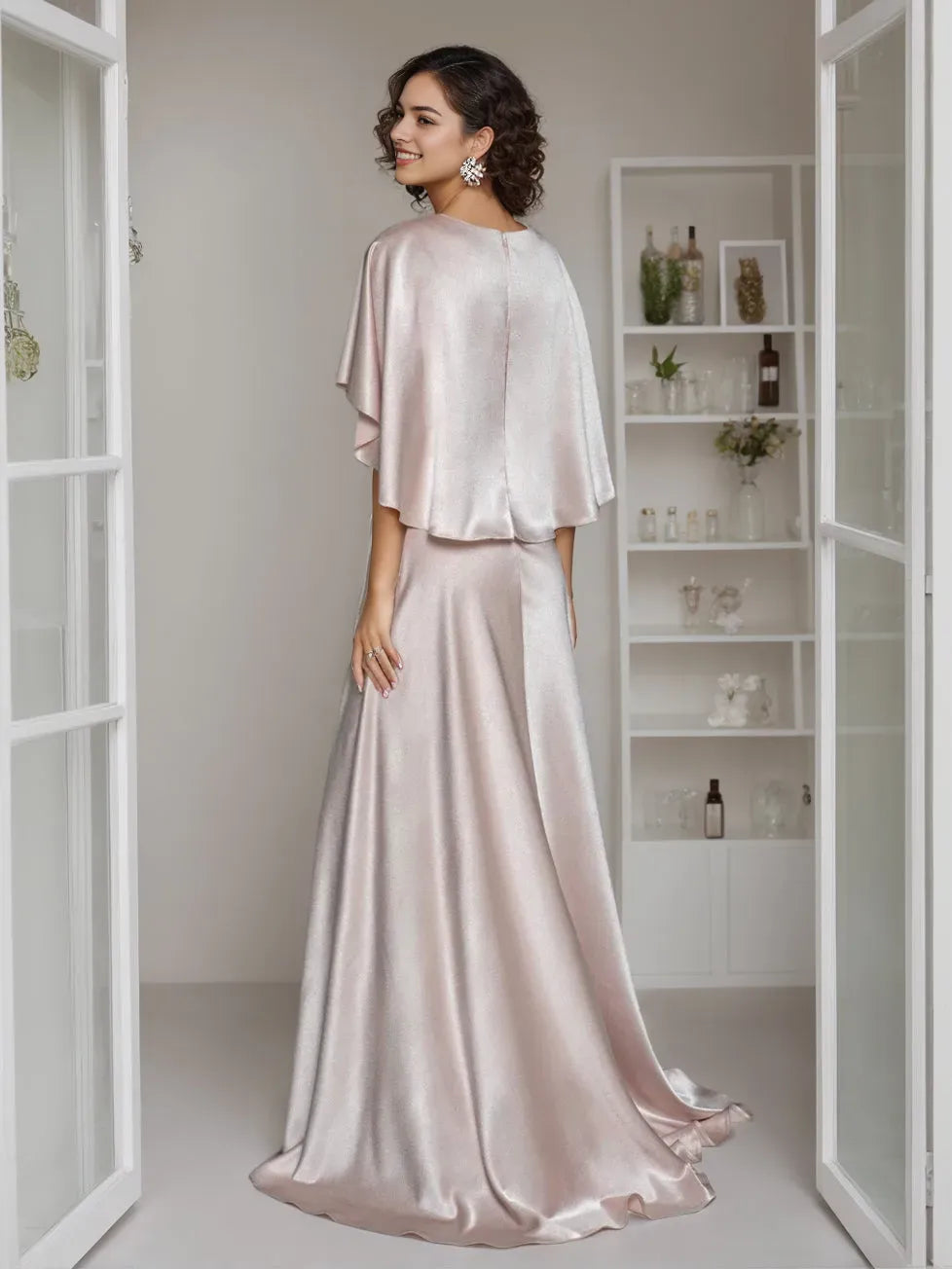 Princess Elegant V-Neck Short Cape Sleeves Floor-Length Mother of the Bride Dresses with Ruffle