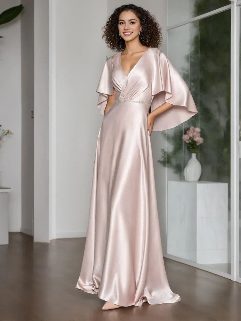 Princess Elegant V-Neck Short Cape Sleeves Floor-Length Mother of the Bride Dresses with Ruffle