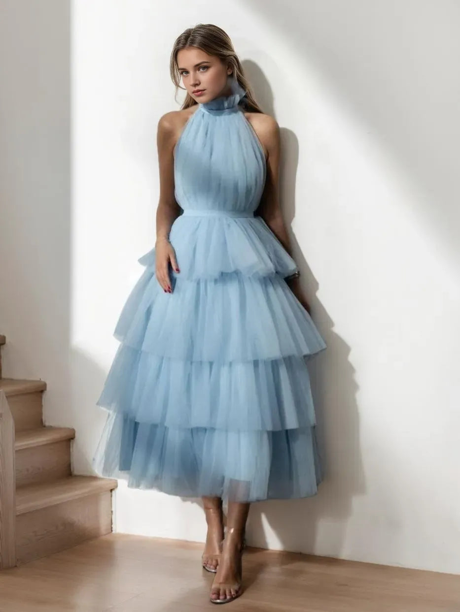 Princess Halter Neck Sleeveless Tea-Length Prom Cocktail Dresses