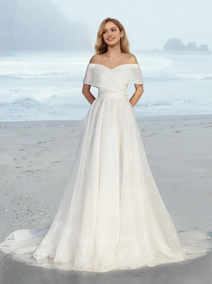 Elegant Red A-Line Off-the-Shoulder Classic-Sleeve Classic-Back Floor-Length Wedding Dress