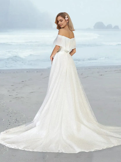 Elegant Red A-Line Off-the-Shoulder Classic-Sleeve Classic-Back Floor-Length Wedding Dress
