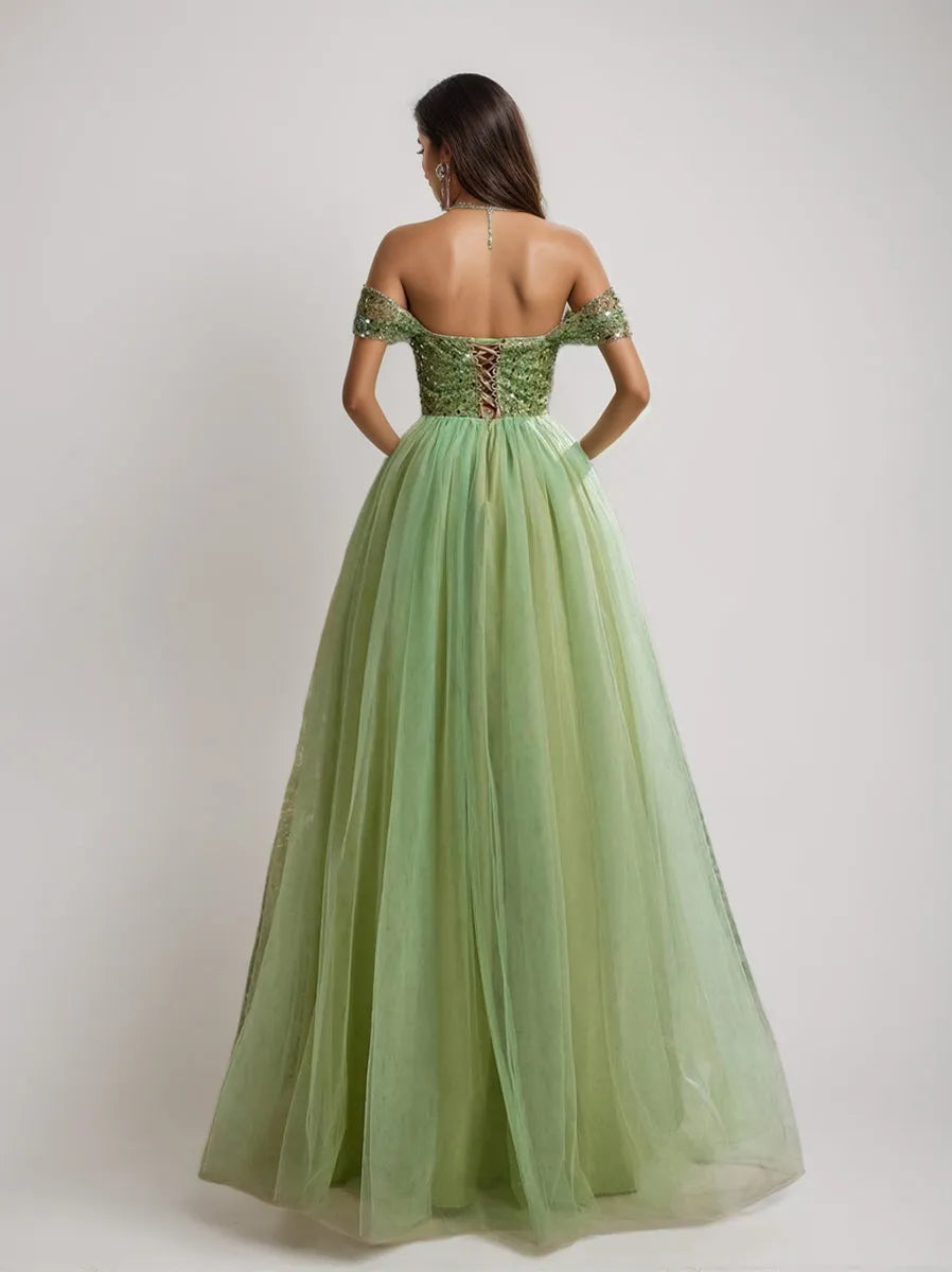 Princess Off-the-Shoulder Sleeveless Luxurious Prom Dresses with Sequins