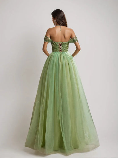 Luxurious Red Sequin A-Line Off-the-Shoulder Sleeveless Classic-Back Floor-Length Prom Dress
