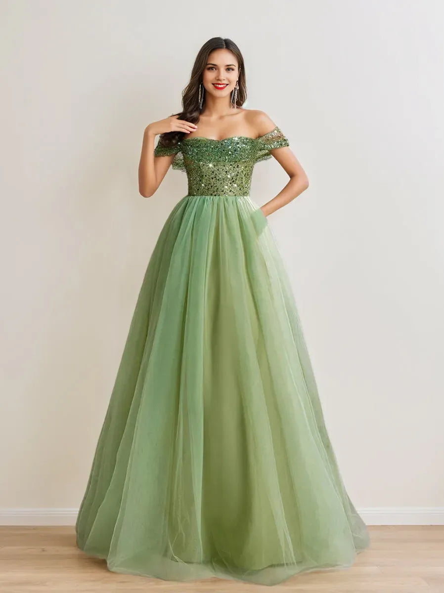 Princess Off-the-Shoulder Sleeveless Luxurious Prom Dresses with Sequins