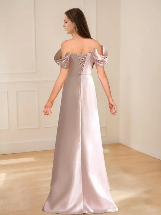 Elegant Red Lace A-Line Off-the-Shoulder Classic-Sleeve Lace-Up-Back Floor-Length Prom Dress