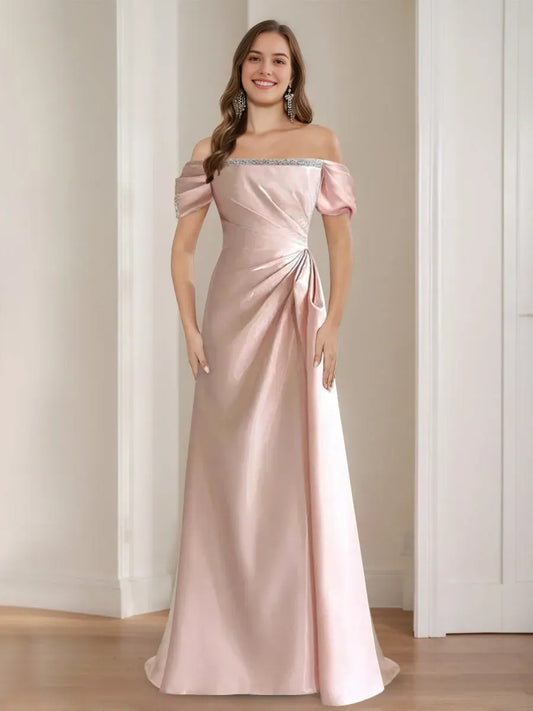 Elegant Red Lace A-Line Off-the-Shoulder Classic-Sleeve Lace-Up-Back Floor-Length Prom Dress