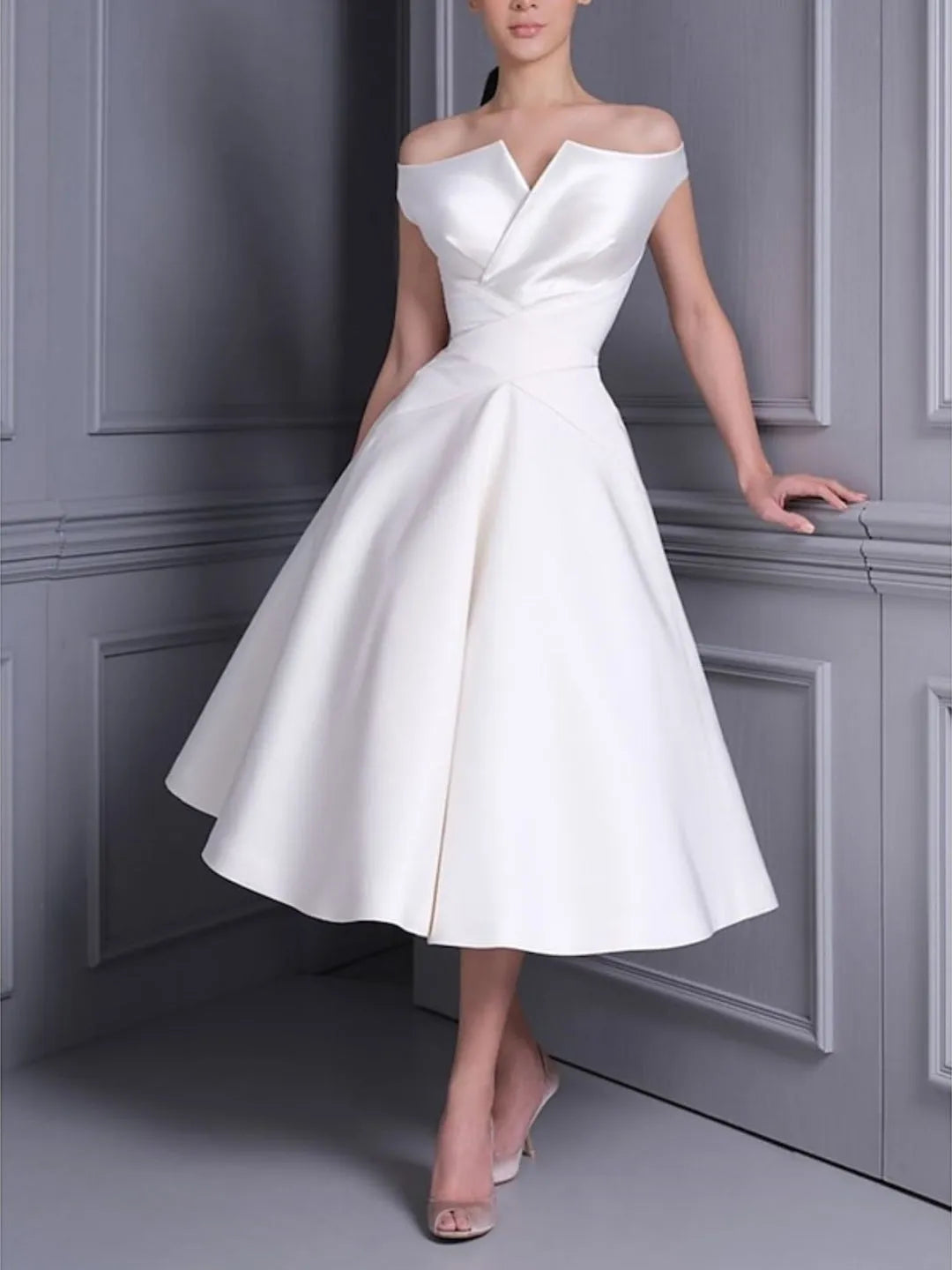 Princess Off-the-shoulder Short Sleeves Tea Length luxurious Wedding Dress With Ruffle