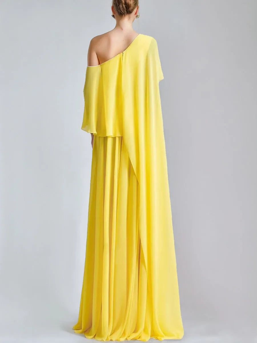 Princess One-Shoulder Sleeveless Prom Dresses with Ruffles High Split