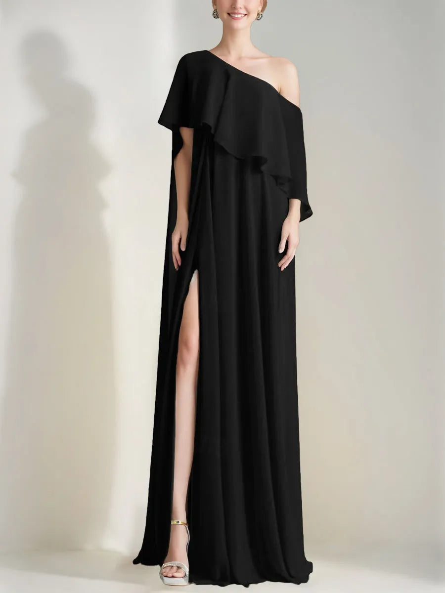 Princess One-Shoulder Sleeveless Prom Dresses with Ruffles High Split