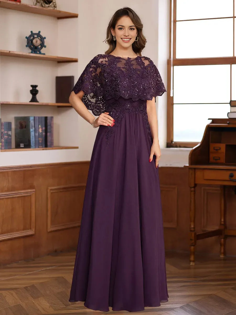 Princess Round Neck Floor-Length Elegant Mother of the Bride Groom Dresses with Appliques