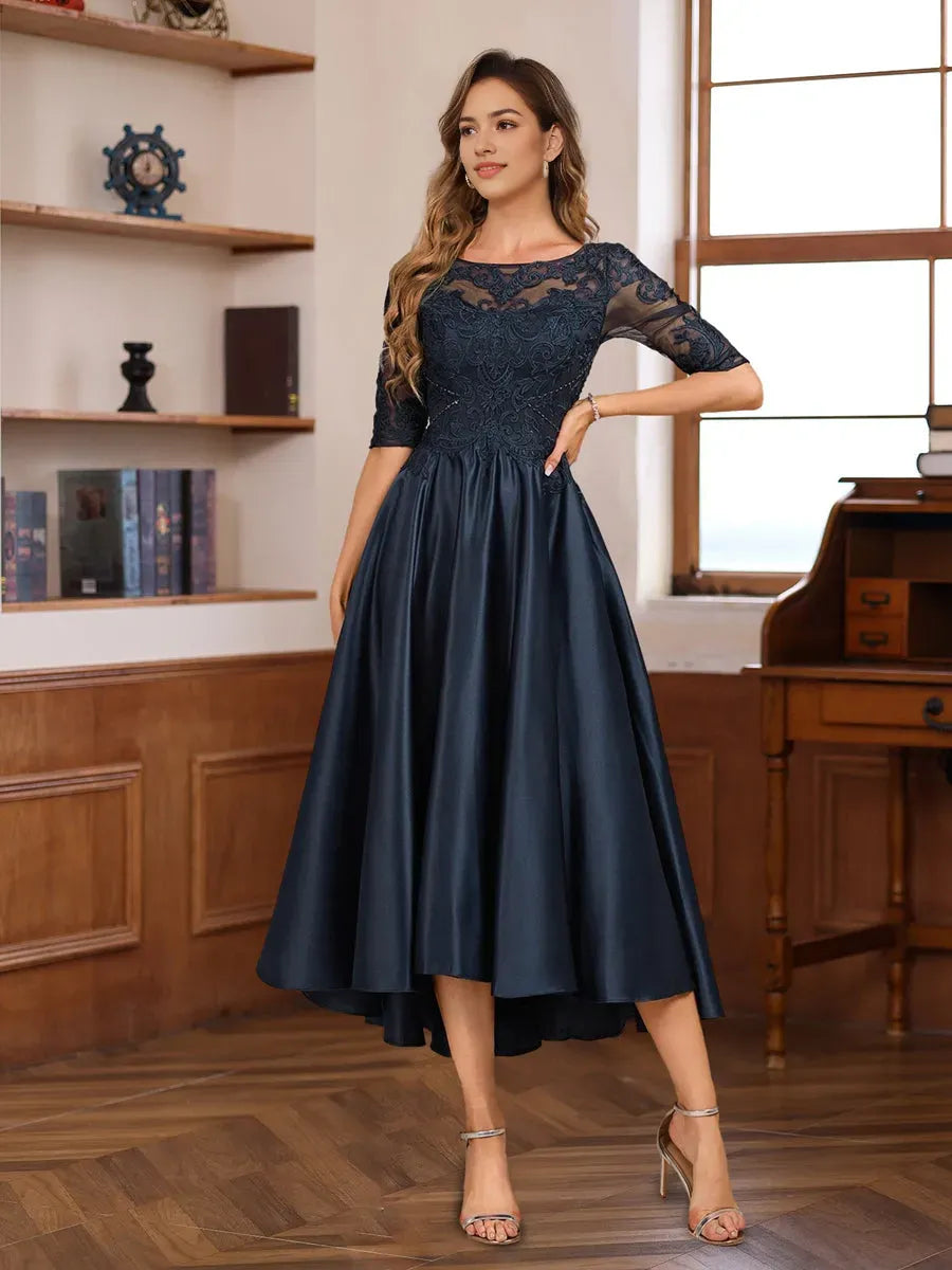 Princess Scoop Neck Half Sleeves Asymmetrical Mother of the Bride Groom Dresses with Appliques