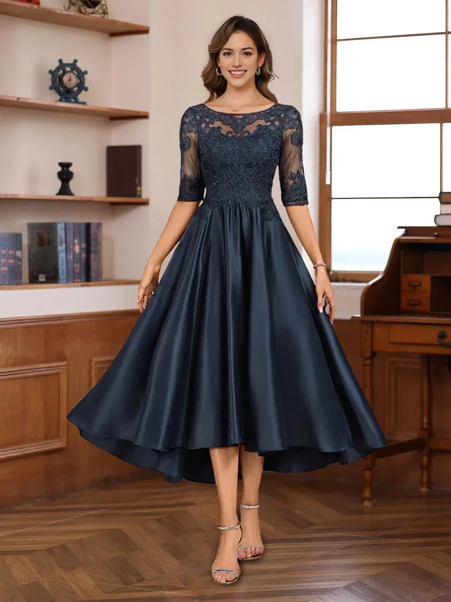 Princess Scoop Neck Half Sleeves Asymmetrical Mother of the Bride Groom Dresses with Appliques