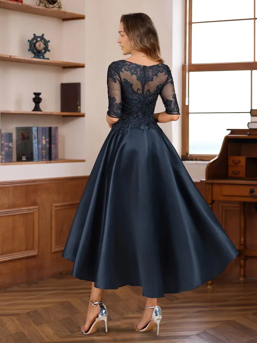 Princess Scoop Neck Half Sleeves Asymmetrical Mother of the Bride Groom Dresses with Appliques