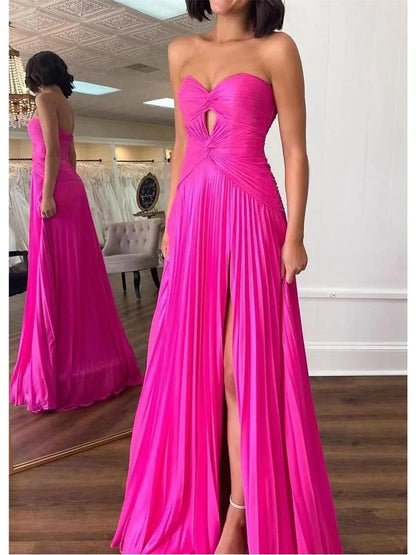 Elegant Red Pleated A-Line Strapless Sleeveless Classic-Back Floor-Length Prom Dress