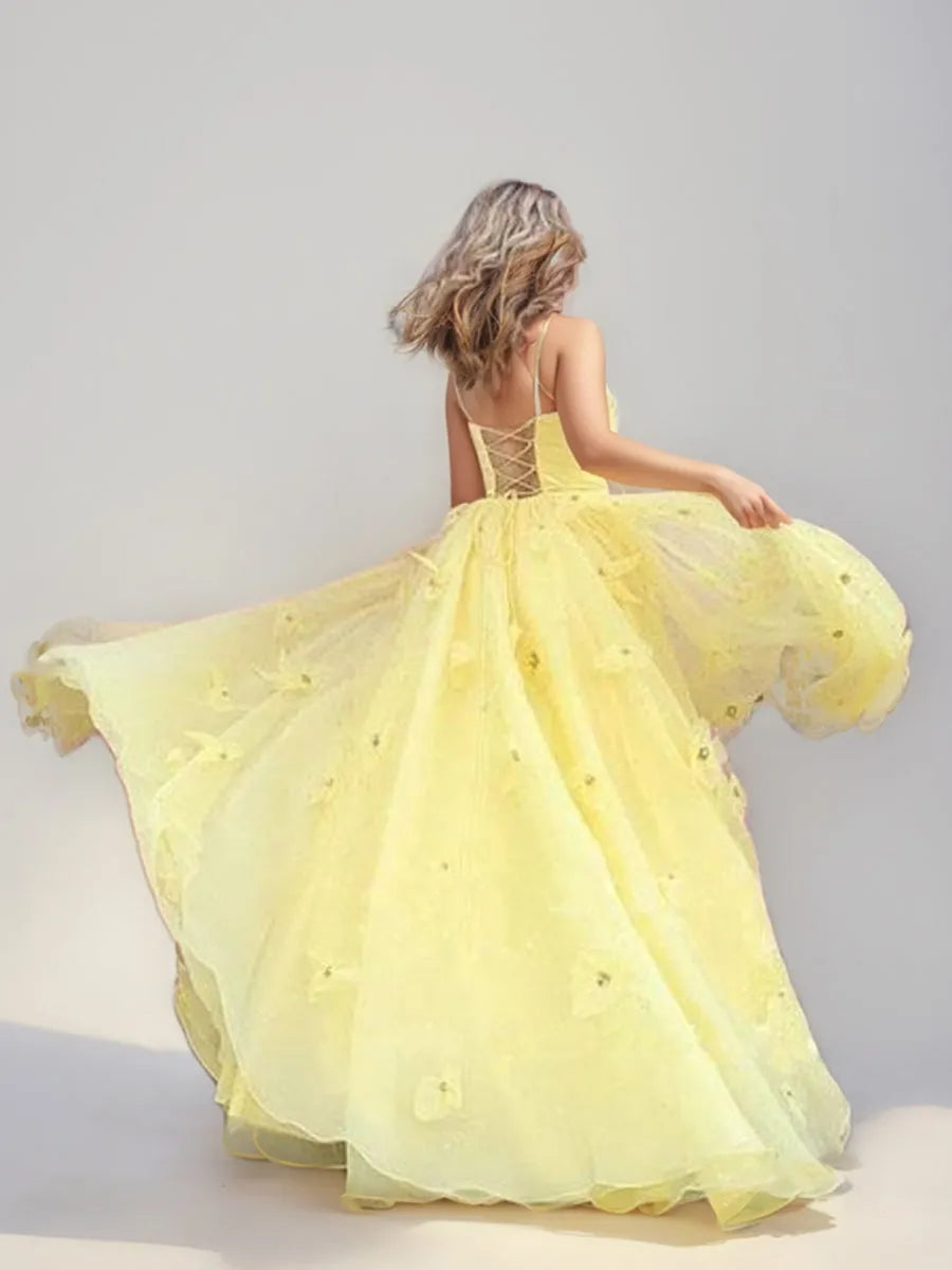 Princess Spaghetti Straps Sleeveless Floor-Length Lace-up Back Prom Dresses with Flowers