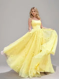 Princess Spaghetti Straps Sleeveless Floor-Length Lace-up Back Prom Dresses with Flowers